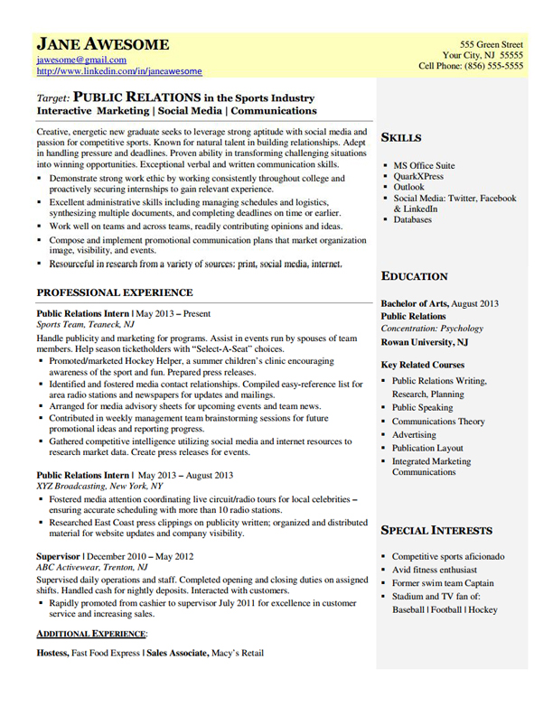 Sample pr resume entry level